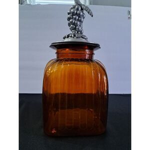 Large Ribbed Amber Glass Canister Jar Cast Metal Grapes Handle Lid Made in India